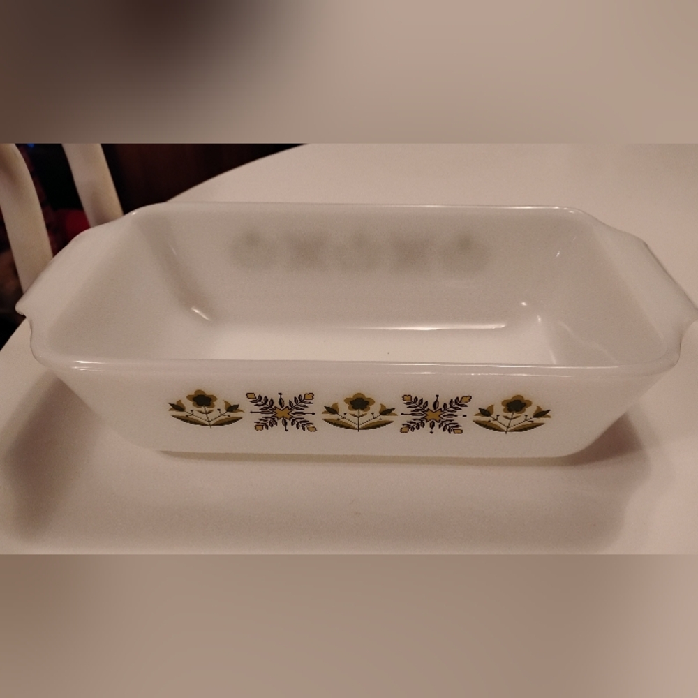 Fire King Casserole Dish Green Floral and Snowflake Vintage Anchor Hocking